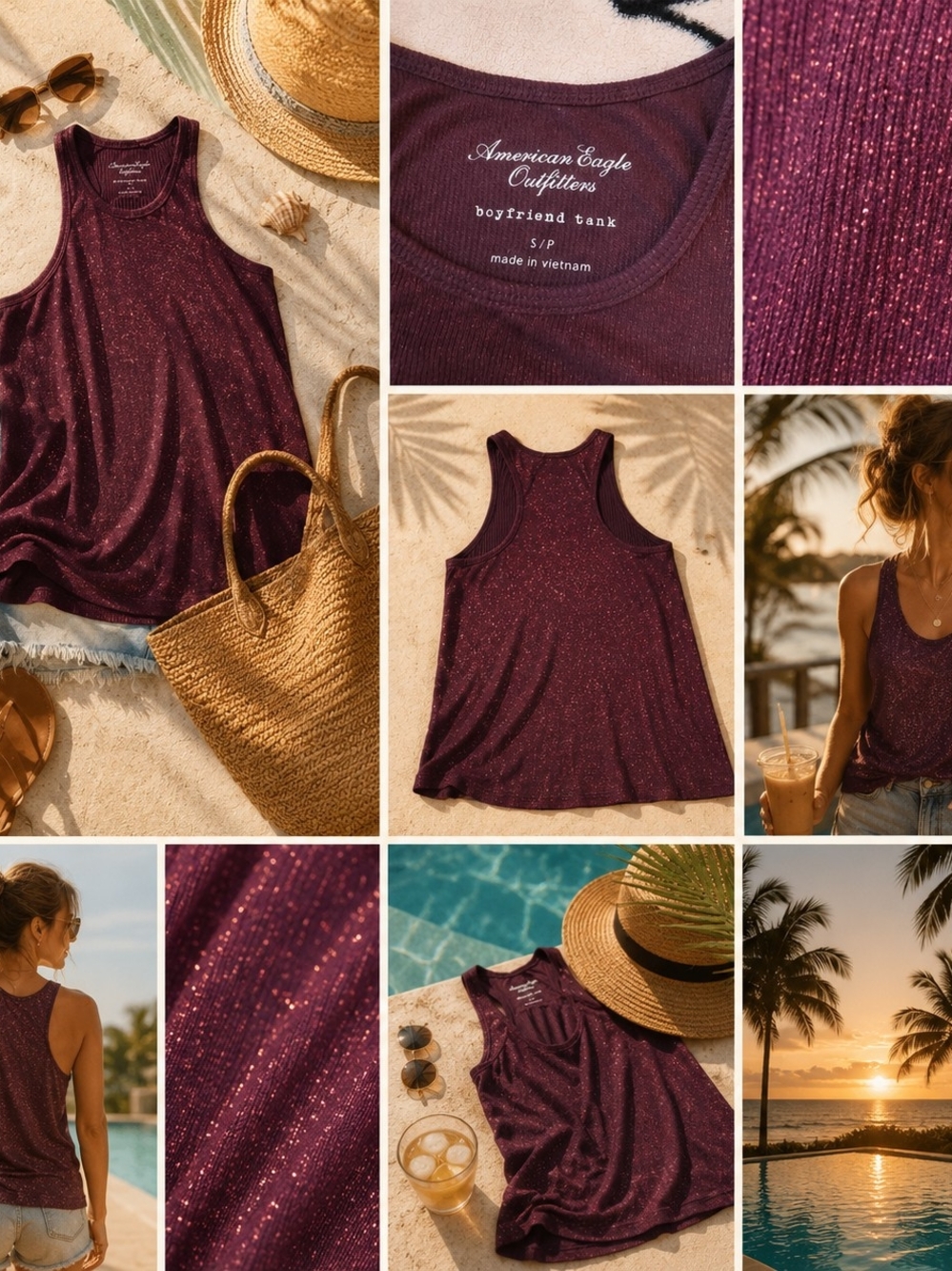 American Eagle Outfitters Women's Maroon Metallic Boyfriend Tank